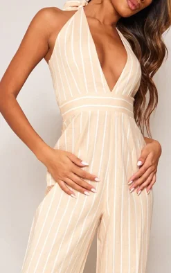 Stone Linen Look Pinstripe Plunge Halter Jumpsuit