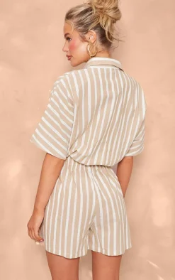 Stone Linen Look Pinstripe Button Up Shirt Detail Romper
