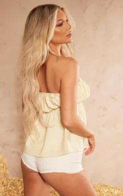 Stone Linen Look Pleated Puff Bandeau Crop Top