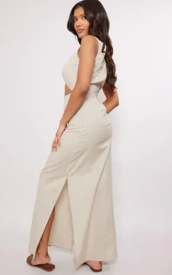 Stone Linen Look Racer Cut Out Maxi Dress
