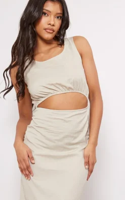 Stone Linen Look Racer Cut Out Maxi Dress