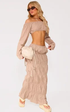 Stone Linen Look Ruched Maxi Skirt