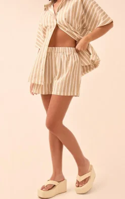 Stone Linen Look Stripe Runner Shorts