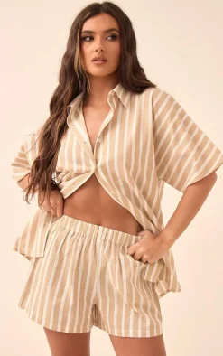 Stone Linen Look Stripe Runner Shorts