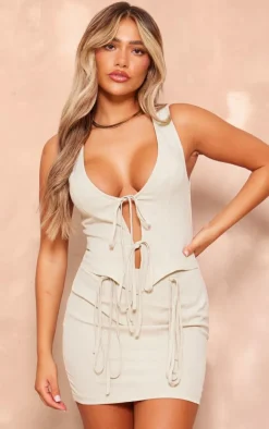 Stone Linen Look Tie Bodycon Dress