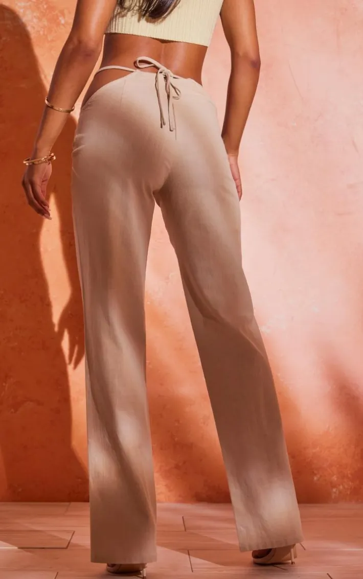 Stone Linen Look Tie Waist Detail Straight Leg Pants