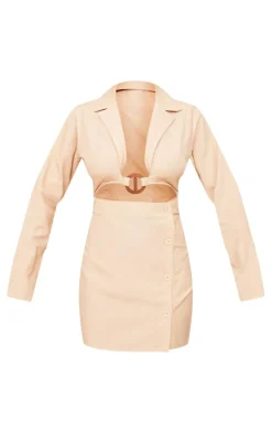 Stone Linen Look Trim Detail Cut Out Blazer Dress