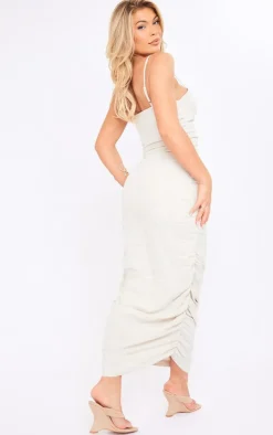 Stone Linen Look Underwired Ruched Strappy Midaxi Dress