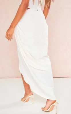 Stone Linen Look Wrap Over Ring Detail Midi Skirt