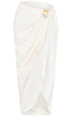 Stone Linen Look Wrap Over Ring Detail Midi Skirt