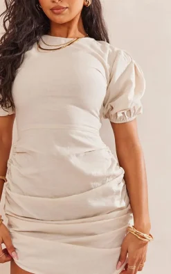 Stone Linen Scoop Neck Ruched Skirt Bodycon Dress