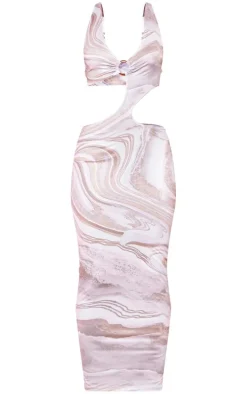 Stone Marble Print Slinky Ring Detail Cut Out Midaxi Dress