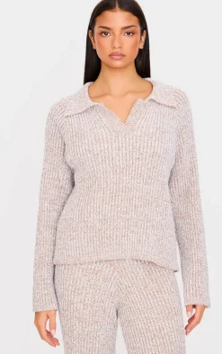 Stone Marl Knitted V Neck Oversized Sweater