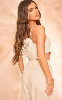 Stone Marl Linen Look Drawstring Racer Crop Top