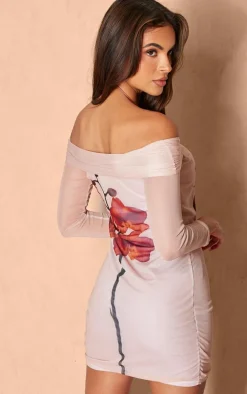 Stone Mesh Floral Printed Bardot Long Sleeve Mini Dress