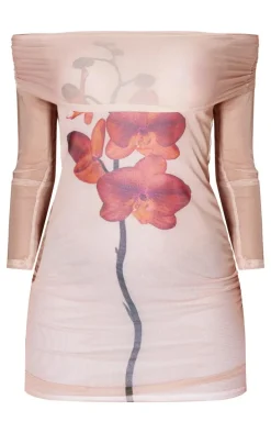 Stone Mesh Floral Printed Bardot Long Sleeve Mini Dress