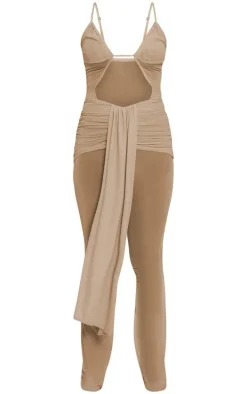 Stone Mesh Ruched Panel Flared Jumpsuit