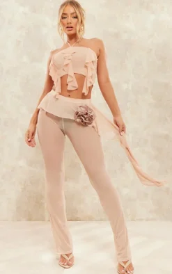 Stone Mesh Ruffle Rose Detail Pants