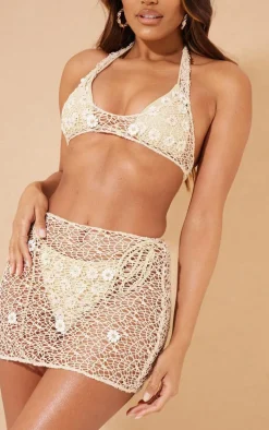 Stone Netted Flower Halter Beach Crop Top & Skirt Set