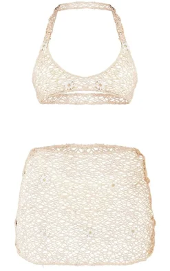 Stone Netted Flower Halter Beach Crop Top & Skirt Set