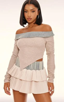Stone Off The Shoulder Scoop Neck Denim Collar Top