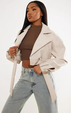 Stone Oversized Belted Hem Cropped Biker Jacket