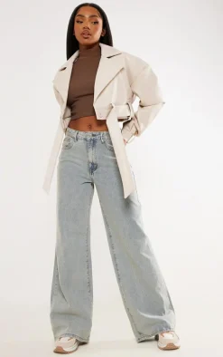 Stone Oversized Belted Hem Cropped Biker Jacket
