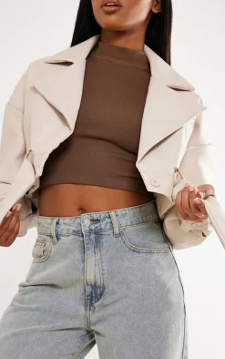 Stone Oversized Belted Hem Cropped Biker Jacket