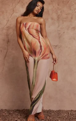 Stone Oversized Chiffon Floral Print Bandeau Maxi Dress