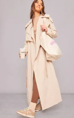 Stone Oversized Lightweight Crinkle Mac Trench Coat