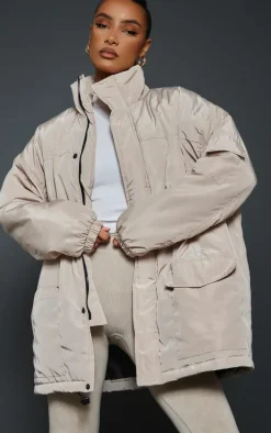 Stone Oversized Pocket Detail Longline Jacket