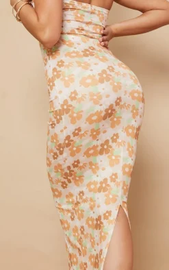 Stone Pastel Floral Print Bandeau Maxi Dress