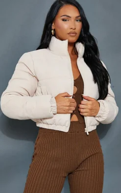 Stone Peach Skin Cropped Bubble Puffer Jacket