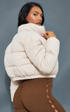 Stone Peach Skin Cropped Bubble Puffer Jacket