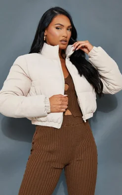 Stone Peach Skin Cropped Bubble Puffer Jacket