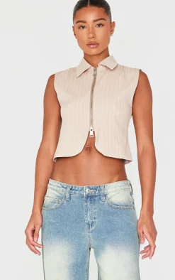 Stone Pinstripe Double Zip Sleeveless Shirt