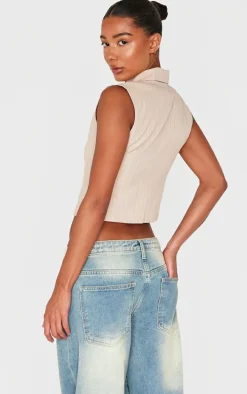 Stone Pinstripe Double Zip Sleeveless Shirt