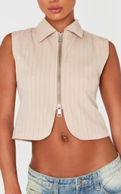 Stone Pinstripe Double Zip Sleeveless Shirt