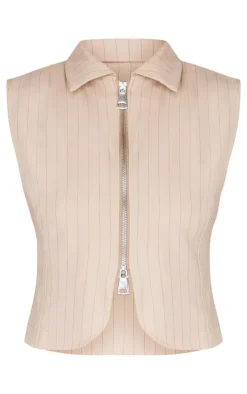 Stone Pinstripe Double Zip Sleeveless Shirt