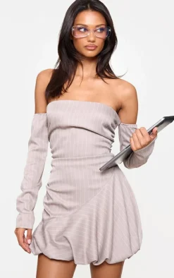 Stone Pinstripe Long Sleeve Ruched Puffball Dress