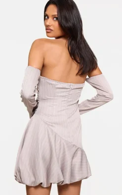 Stone Pinstripe Long Sleeve Ruched Puffball Dress