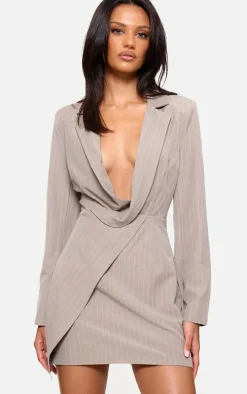 Stone Pinstripe Plunge Blazer Dress