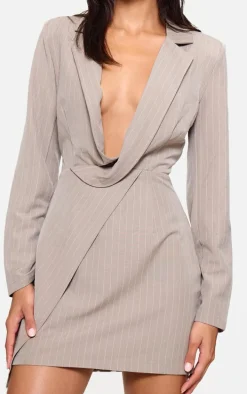 Stone Pinstripe Plunge Blazer Dress