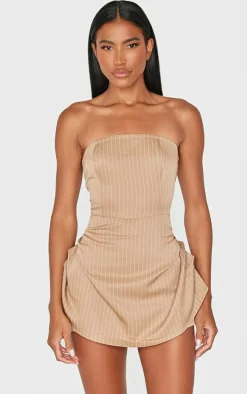 Stone Pinstripe Woven Bandeau Ruched Side Skort Romper