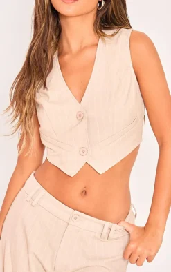 Stone Pinstriped Woven Belted Back Detail Suit Vest Top