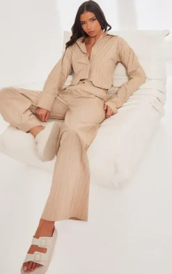 Stone Poplin Pinstripe Tailored Wide Leg Pants