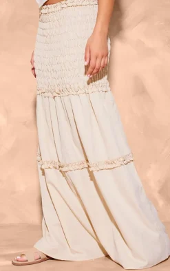Stone Poplin Shirred Dropped Waist Maxi Skirt