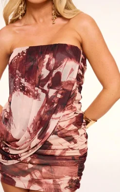Stone Print Mesh Bandeau Draped Bodycon Mini Dress