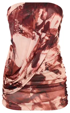 Stone Print Mesh Bandeau Draped Bodycon Mini Dress