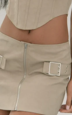 Stone PU Buckle Strap Detail Low Rise Micro Mini Skirt